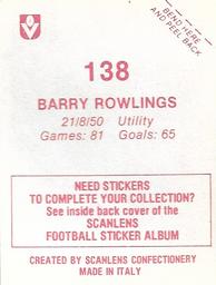 1983 Scanlens VFL Stickers #138 Barry Rowlings Back
